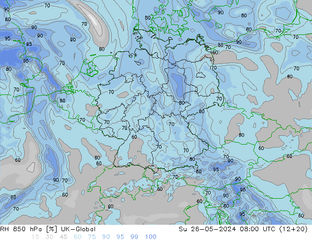 RH 850 hPa UK-Global 星期日 26.05.2024 08 UTC