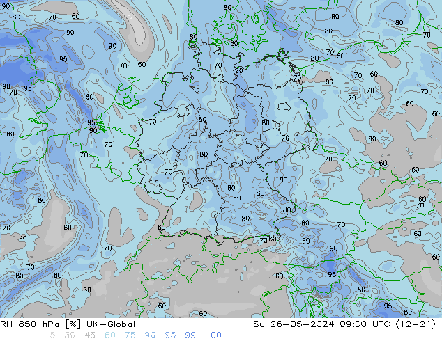 Humidité rel. 850 hPa UK-Global dim 26.05.2024 09 UTC