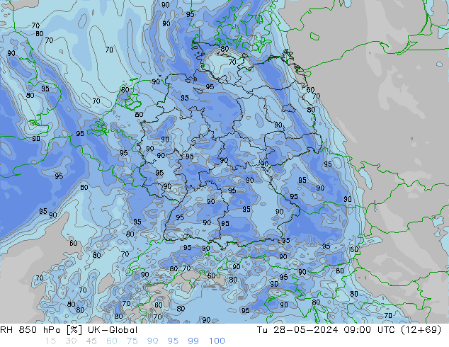 RH 850 hPa UK-Global Di 28.05.2024 09 UTC