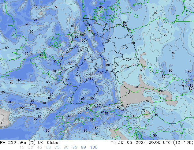 Humedad rel. 850hPa UK-Global jue 30.05.2024 00 UTC