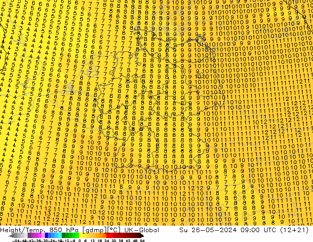 Height/Temp. 850 hPa UK-Global nie. 26.05.2024 09 UTC