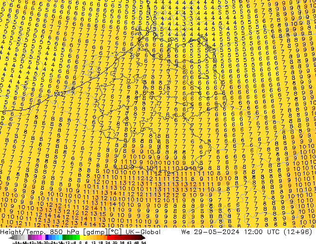 Height/Temp. 850 hPa UK-Global We 29.05.2024 12 UTC