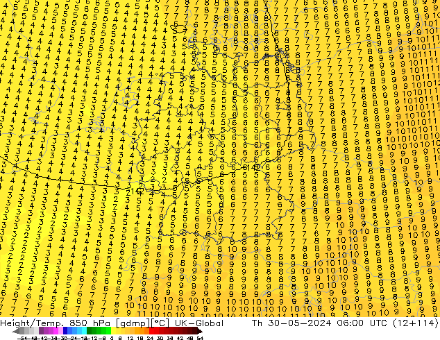 Height/Temp. 850 hPa UK-Global Qui 30.05.2024 06 UTC