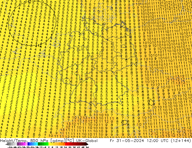 Height/Temp. 850 hPa UK-Global ven 31.05.2024 12 UTC