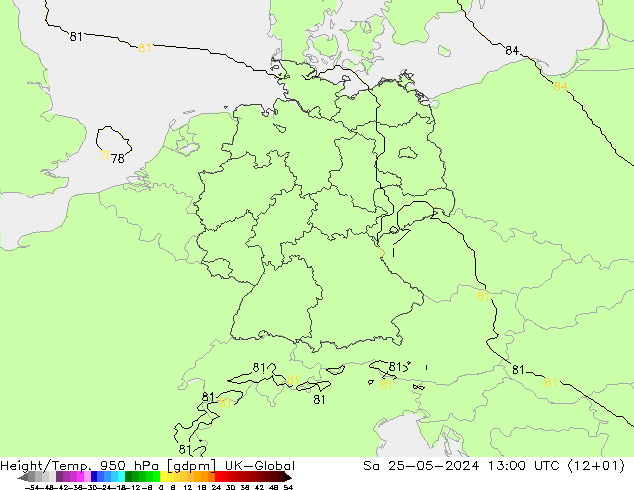 Height/Temp. 950 hPa UK-Global Sa 25.05.2024 13 UTC