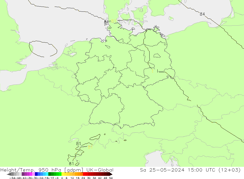 Height/Temp. 950 hPa UK-Global sab 25.05.2024 15 UTC