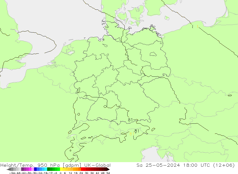 Height/Temp. 950 hPa UK-Global Sa 25.05.2024 18 UTC
