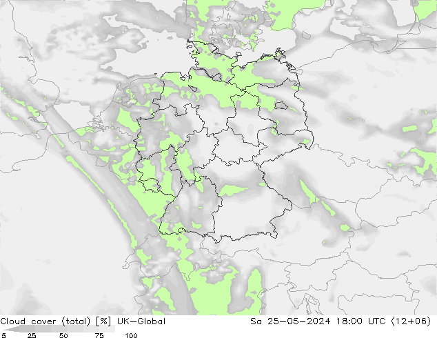 Bewolking (Totaal) UK-Global za 25.05.2024 18 UTC