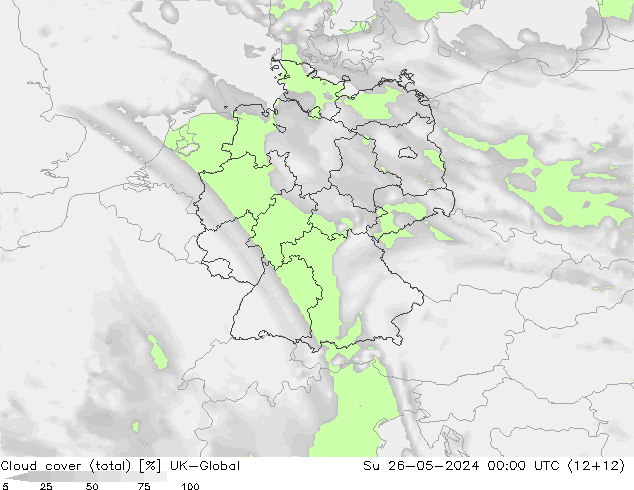 Cloud cover (total) UK-Global Ne 26.05.2024 00 UTC