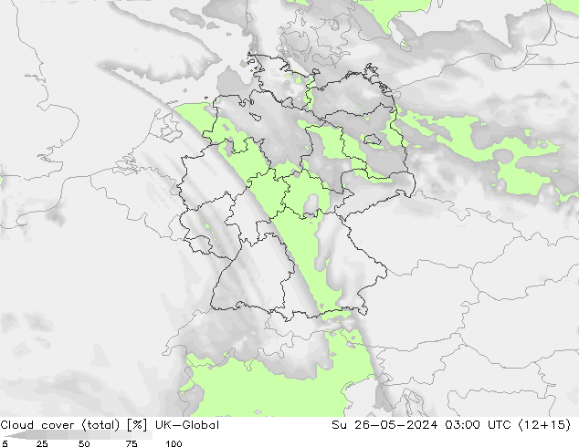 Cloud cover (total) UK-Global Su 26.05.2024 03 UTC