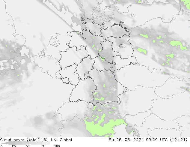 Cloud cover (total) UK-Global Ne 26.05.2024 09 UTC