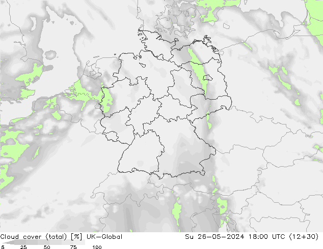 Bewolking (Totaal) UK-Global zo 26.05.2024 18 UTC