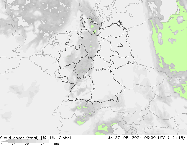 Cloud cover (total) UK-Global Mo 27.05.2024 09 UTC