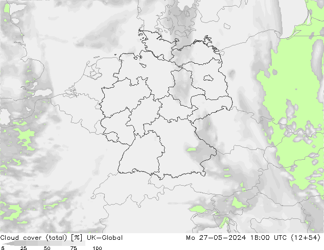 Cloud cover (total) UK-Global Mo 27.05.2024 18 UTC