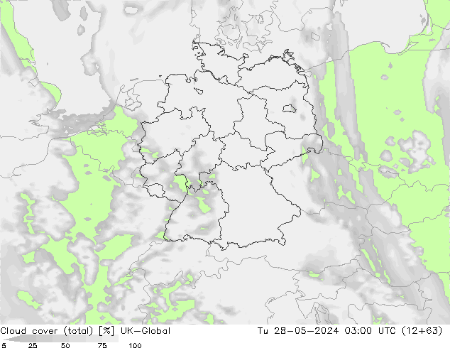 Cloud cover (total) UK-Global Tu 28.05.2024 03 UTC