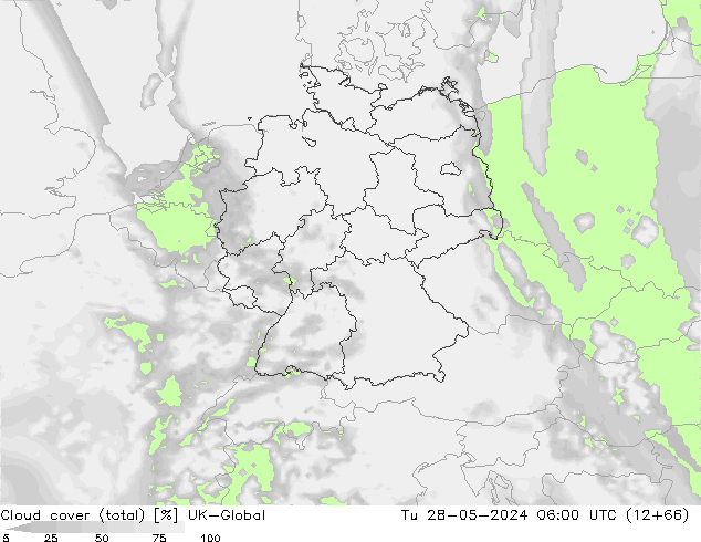 Cloud cover (total) UK-Global Út 28.05.2024 06 UTC