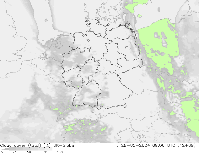 Cloud cover (total) UK-Global Út 28.05.2024 09 UTC