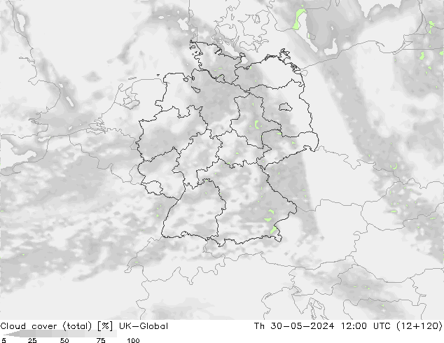 Cloud cover (total) UK-Global Th 30.05.2024 12 UTC