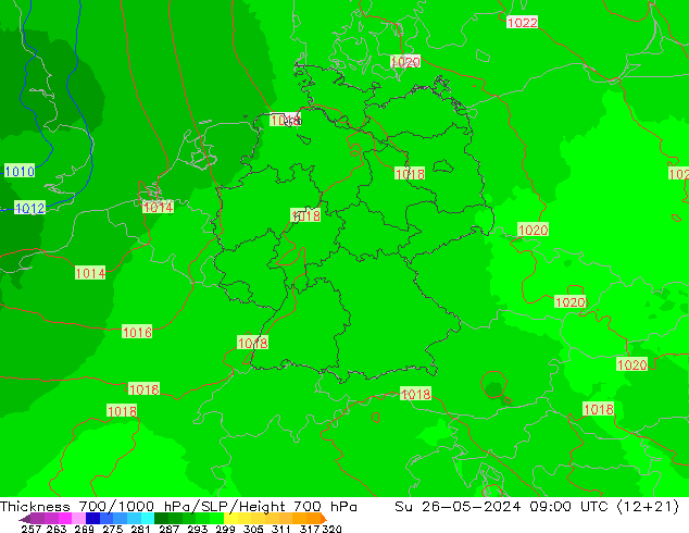 Thck 700-1000 hPa UK-Global dom 26.05.2024 09 UTC