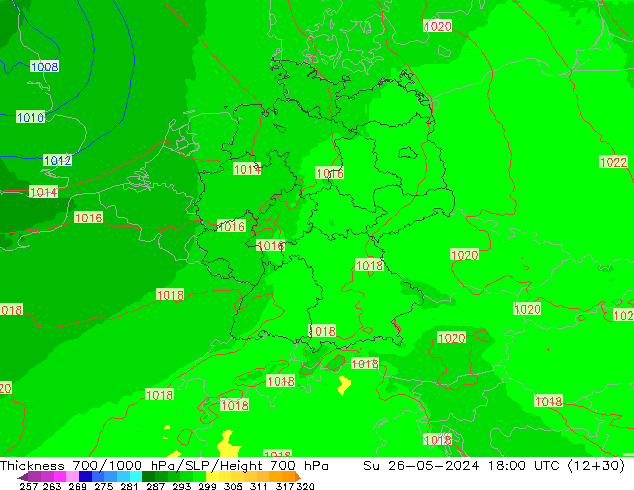 Dikte700-1000 hPa UK-Global zo 26.05.2024 18 UTC