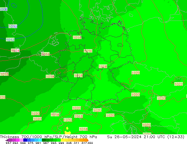 Thck 700-1000 hPa UK-Global dim 26.05.2024 21 UTC