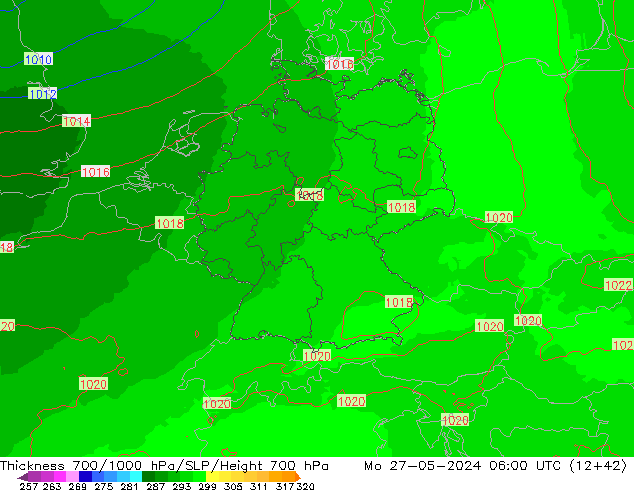 Thck 700-1000 hPa UK-Global  27.05.2024 06 UTC