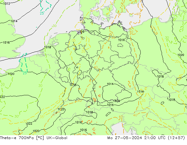 Theta-e 700гПа UK-Global пн 27.05.2024 21 UTC