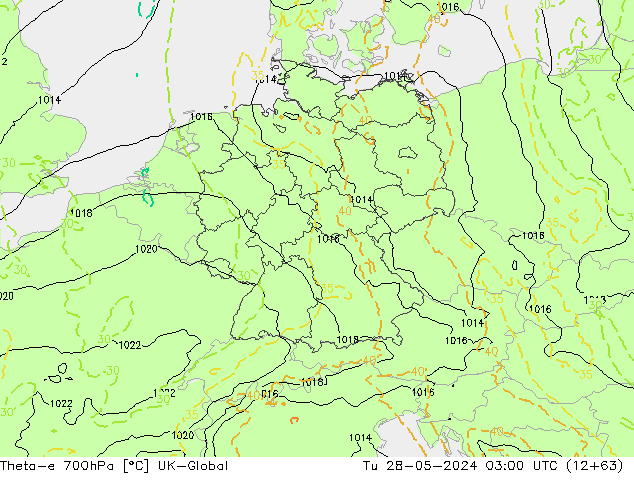 Theta-e 700hPa UK-Global Tu 28.05.2024 03 UTC