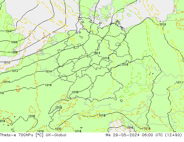 Theta-e 700hPa UK-Global Çar 29.05.2024 06 UTC