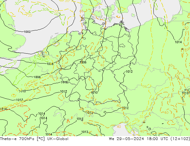 Theta-e 700hPa UK-Global Mi 29.05.2024 18 UTC