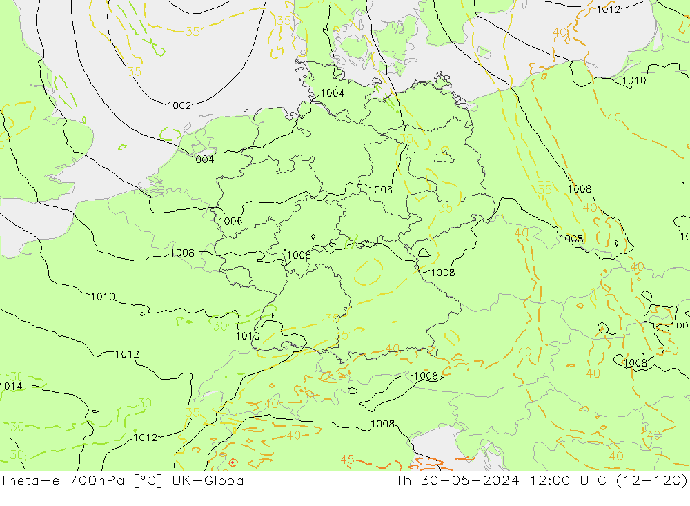 Theta-e 700hPa UK-Global Th 30.05.2024 12 UTC