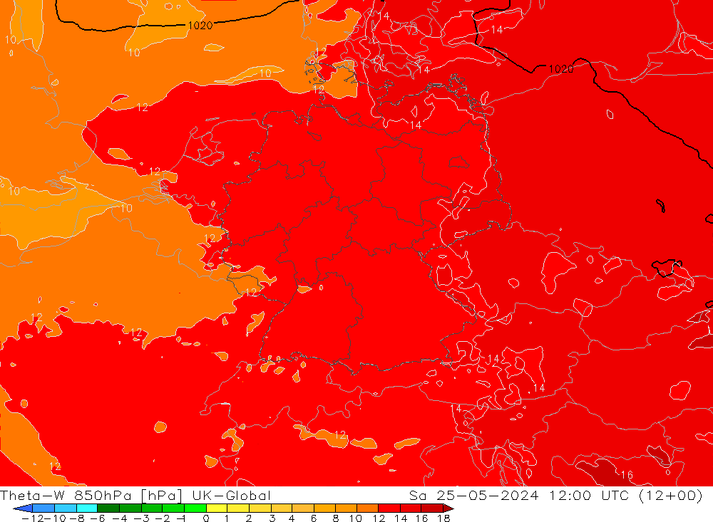 Theta-W 850hPa UK-Global 星期六 25.05.2024 12 UTC