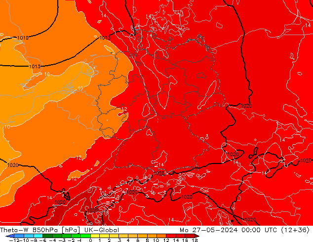 Theta-W 850hPa UK-Global pon. 27.05.2024 00 UTC