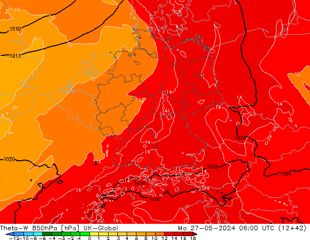Theta-W 850hPa UK-Global lun 27.05.2024 06 UTC