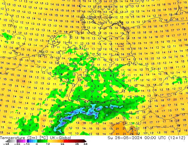 Temperature (2m) UK-Global Su 26.05.2024 00 UTC