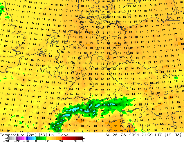 Sıcaklık Haritası (2m) UK-Global Paz 26.05.2024 21 UTC