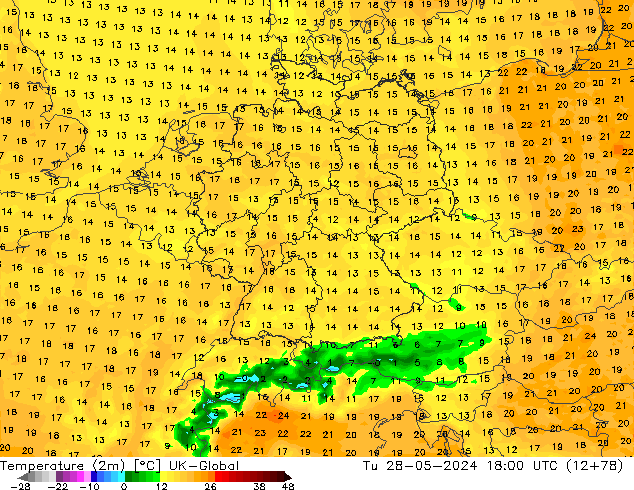 Temperatuurkaart (2m) UK-Global di 28.05.2024 18 UTC