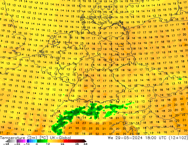 Temperature (2m) UK-Global St 29.05.2024 18 UTC