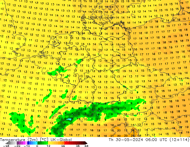 Temperature (2m) UK-Global Th 30.05.2024 06 UTC