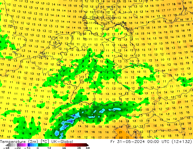 Temperature (2m) UK-Global Pá 31.05.2024 00 UTC