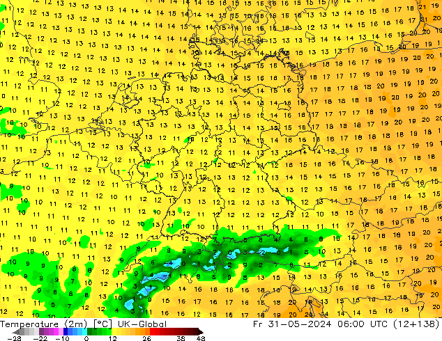 Temperature (2m) UK-Global Fr 31.05.2024 06 UTC