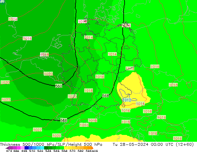 Espesor 500-1000 hPa UK-Global mar 28.05.2024 00 UTC