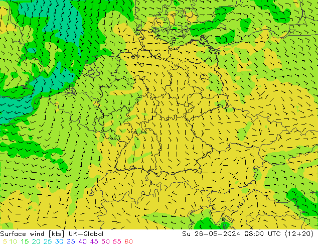 Surface wind UK-Global Su 26.05.2024 08 UTC