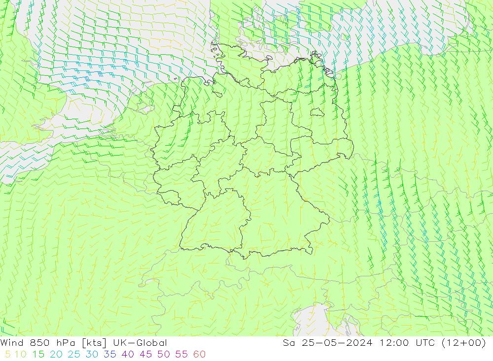 Vento 850 hPa UK-Global sab 25.05.2024 12 UTC