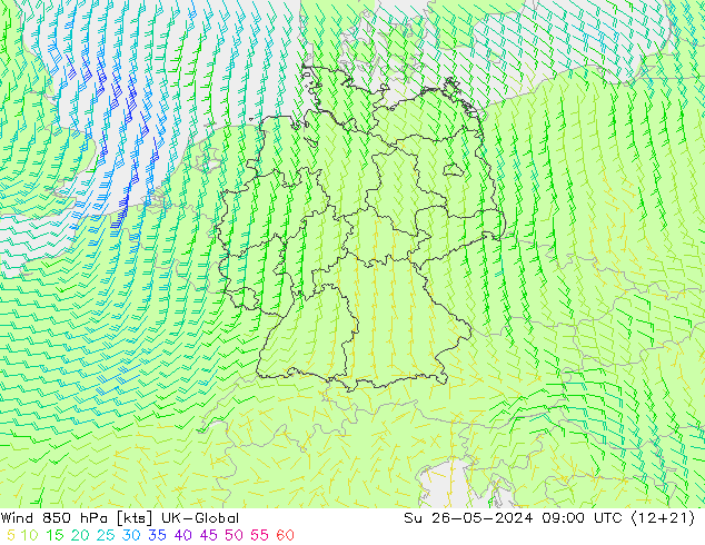 Wind 850 hPa UK-Global So 26.05.2024 09 UTC