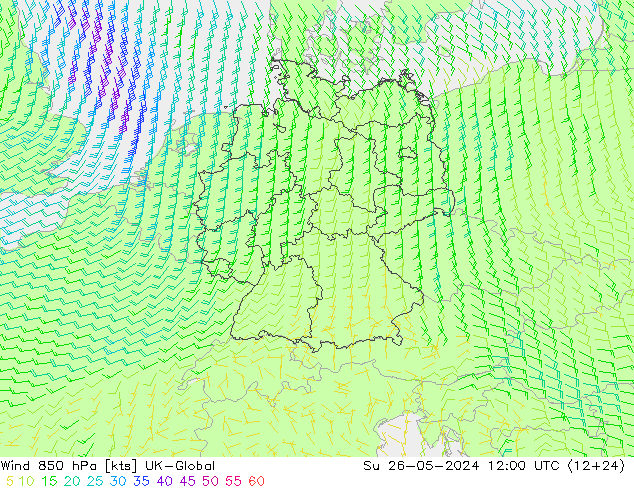 wiatr 850 hPa UK-Global nie. 26.05.2024 12 UTC