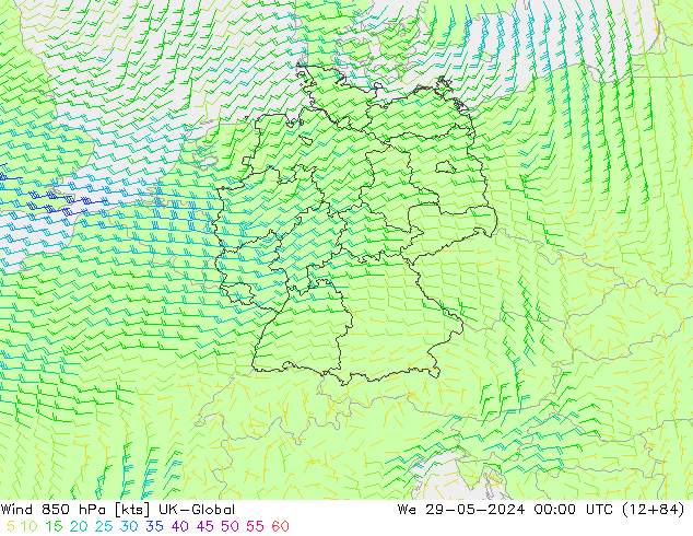 Wind 850 hPa UK-Global wo 29.05.2024 00 UTC