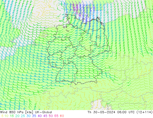 Wind 850 hPa UK-Global Th 30.05.2024 06 UTC