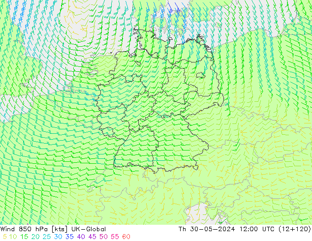 Wind 850 hPa UK-Global Th 30.05.2024 12 UTC