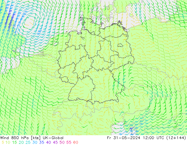 Viento 850 hPa UK-Global vie 31.05.2024 12 UTC